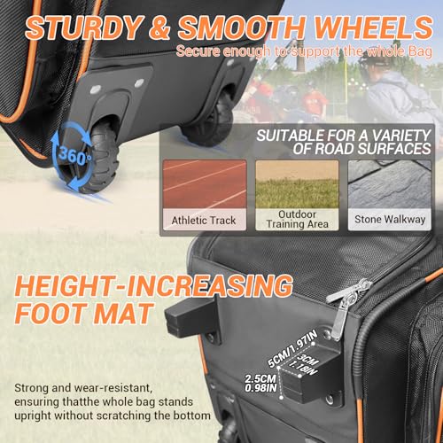 Rolling Baseball Catchers Gear Bag - 71-80L with Wheels, Shoe & Helmet Compartments, Water-Resistant, Orange, 10.63"x10.63"x38.58"