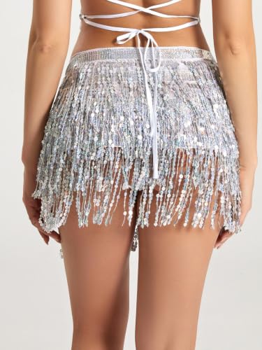 Women Sparkly Sequin Skirt with Tassel in Silver - Belly Dance Wrap