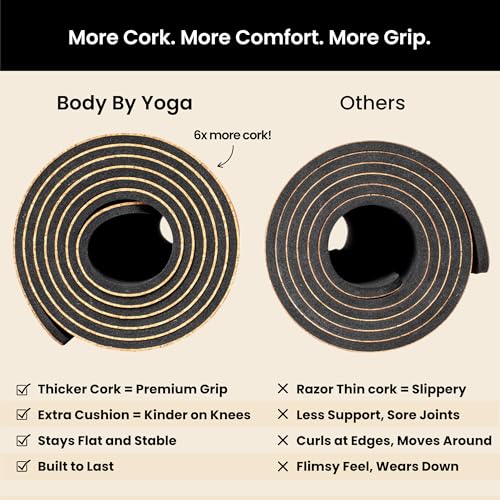 Body By Yoga Extra Thick Cork Yoga Mat 80x26in Non Slip Eco-Friendly with Alignment Lines - Classic
