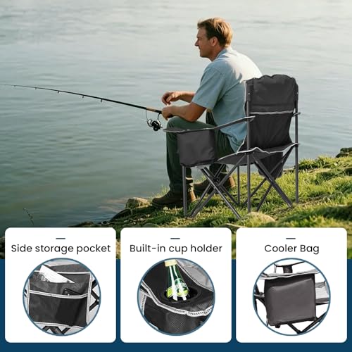 SAILARY Black Oversized Camping Chair 500lbs Padded Outdoor Seat with Lumbar Support