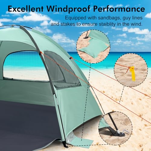 Mint Green Portable Beach Tent for 3-4 People Anti-UV Sun Shade Shelter