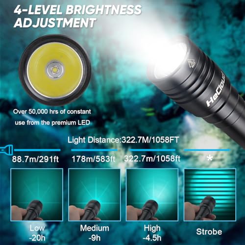 Dive Light 3000LM Waterproof LED Flashlight with 4 Modes - Black