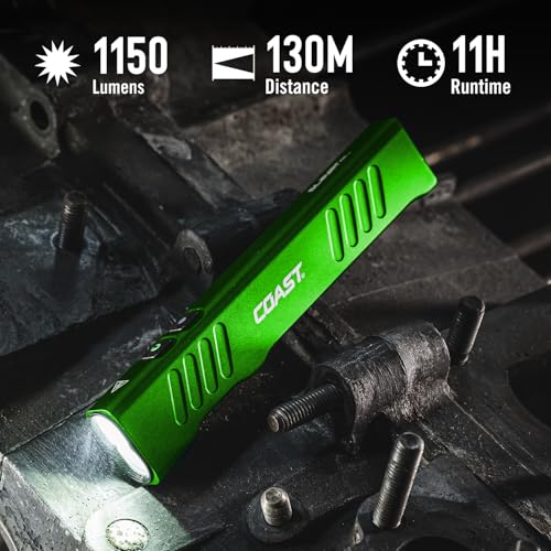 Rechargeable LED Flashlight with Dual Spot & Flood Beams – 1150 Lumens, USB-C, Memory Mode, Pocket Clip, Green