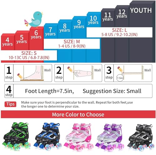 Green Adjustable Kids Roller Skates for Boys & Girls, 4 Sizes, Light-Up Wheels - Small (10-13US)