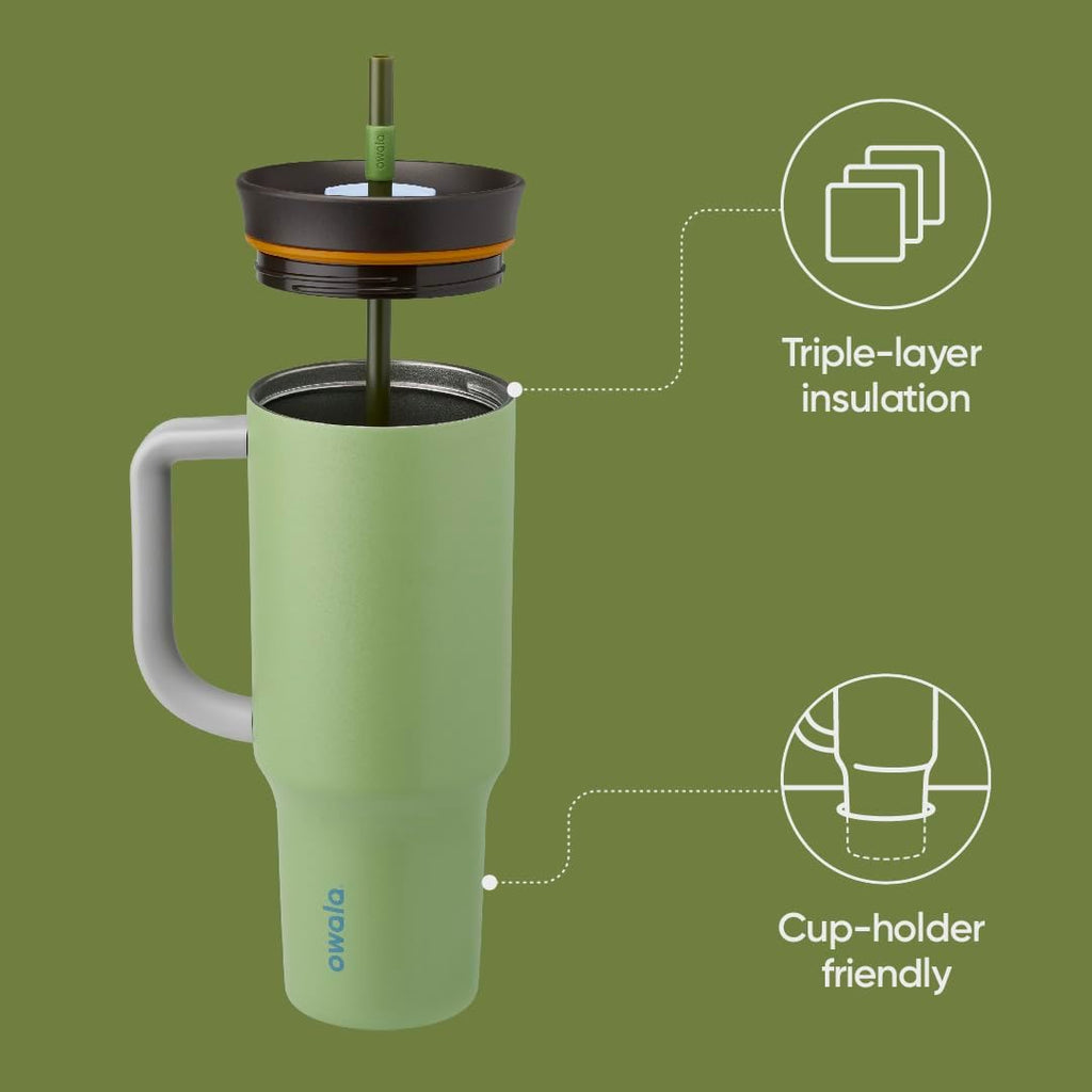 Owala 40 oz Stainless Steel Travel Tumbler - Triple Layer Insulation, Spill-Resistant Lid & Straw, Green