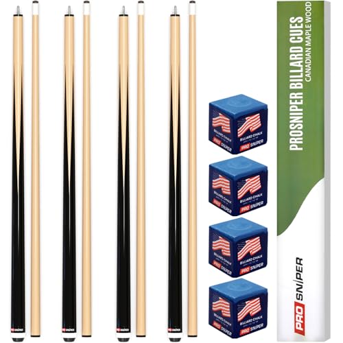 Black Pool Cue Set of 4 - 58 Inch Canadian Ashwood Billiard Cues with Low-Deflection Shaft & Extra Chalks