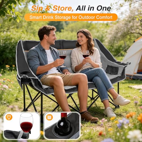 Heavy Duty Double Camping Chair - 660lbs Capacity, Foldable 2 Person Outdoor Seat - Black Gray