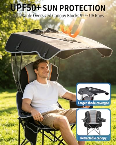 HOPERAN Camping Chair with Canopy & Cooler - Black, 500lbs Capacity, Portable