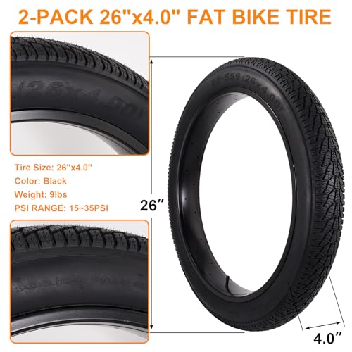 RUHUO 2-Pack 26x4.0 Fat Bike Tires & Tubes Set - Black, Off-Road & E-Bike
