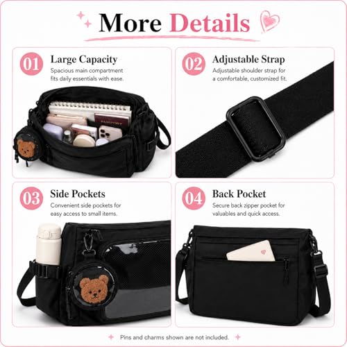 Inshere Ita Bag Crossbody Messenger Bag with Clear Coin Bag, Pins & Plush Charm - Black M