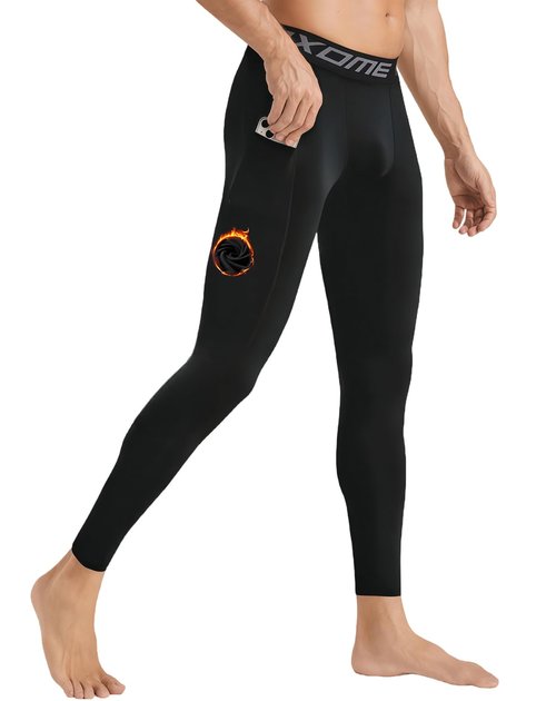 Roxdme Men Thermal Compression Pants Fleece Lined Tights Athletic Heated Leggings Cold Weather Baselayer Winter Gear Pockets Black