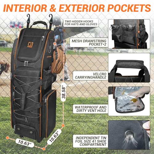 Rolling Baseball Catchers Gear Bag - 71-80L with Wheels, Shoe & Helmet Compartments, Water-Resistant, Orange, 10.63"x10.63"x38.58"