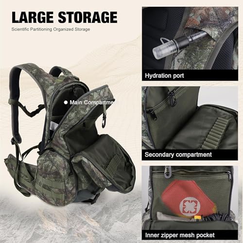 Forest Camo Hunting Backpack 40L with Rain Cover for Bow Rifle Gun - Large Capacity Tactical Day Pack