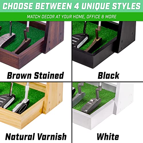 Brown Wooden Golf Putter Stand - Indoor Display Rack Holds 6 Clubs for Home & Office