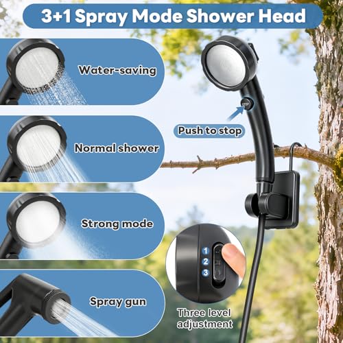 Black Portable Camping Shower with Heater 1500W, 3 Spray Modes & Rechargeable Pump