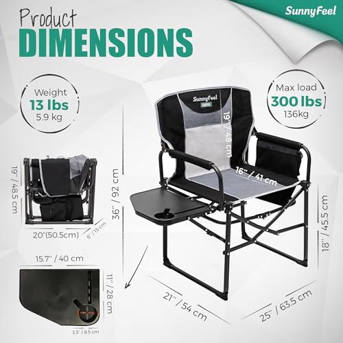 Black Oversized Camping Chair with Side Table - Portable Directors Chair