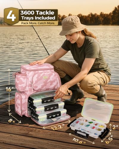Pink Camouflage Fishing Backpack with 4 Tackle Boxes and Insulated Cooler