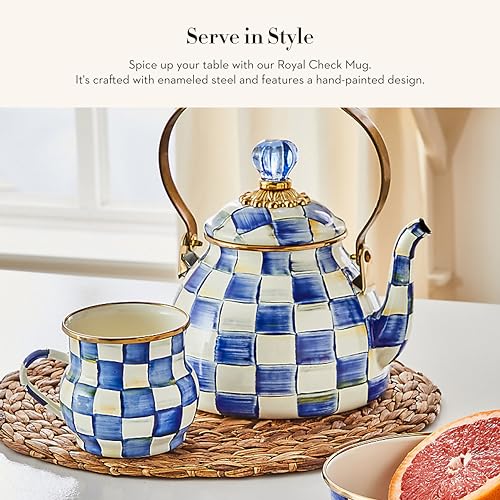 MACKENZIE-CHILDS Enamel Mug 16oz Royal Check Blue & White Hand-Painted Coffee Cup