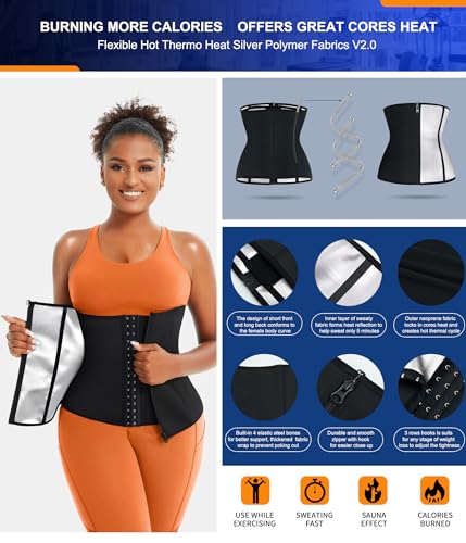 TrainingGirl Waist Trainer for Women Working Out Sweat Belly Band - Black & Silver, Medium