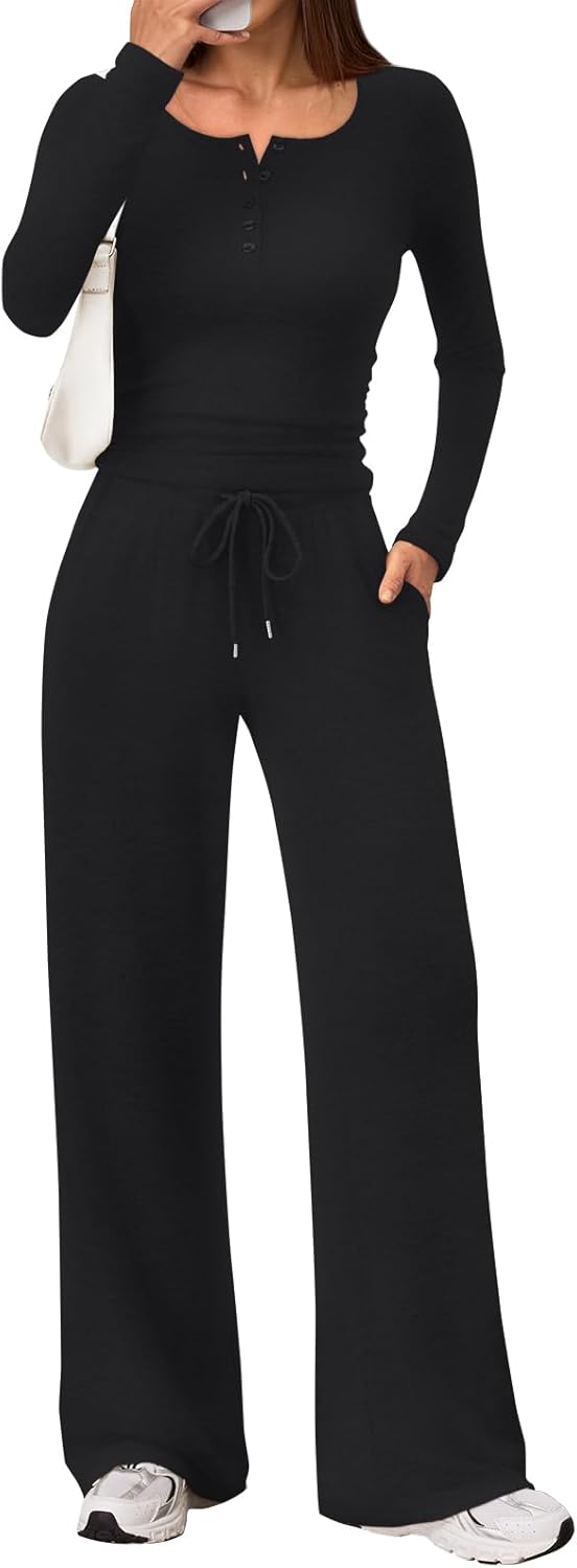 Trendy Queen Women's 2-Piece Lounge Set - Cozy Henley Neck Sweater & Wide Leg Pants | Fall Fashion