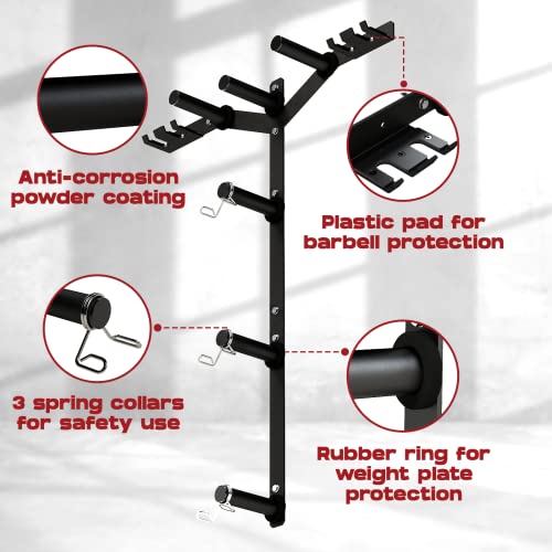 Wall Mounted Weight Plate Rack & Barbell Holder - Heavy Duty Steel, Black (Yes4All 6 Pegs & 4 Barbell Storage, Load up to 1190 lbs) - A. Black