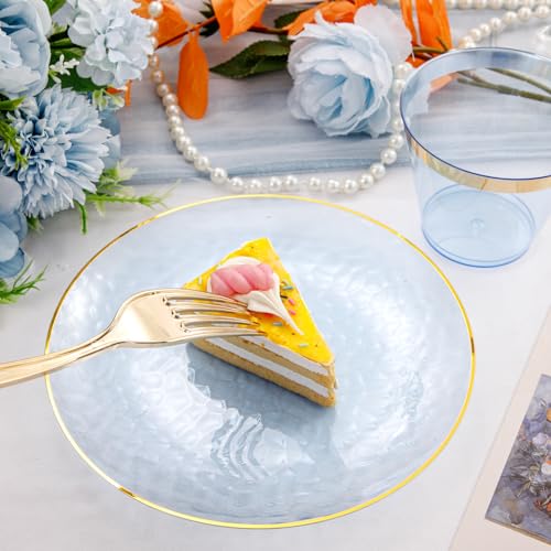 Blue Gold Rim Disposable Dinnerware Set - 175 Pcs for 25 Guests - Hammered Pattern