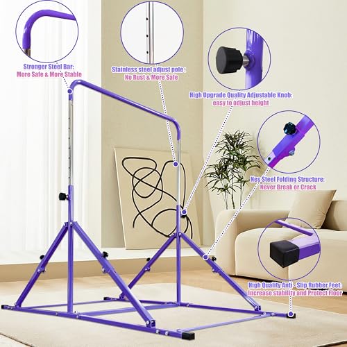 MARFULA Foldable Gymnastics Bar with Mat, 9-Height Levels, 200 lbs Capacity, 5 ft Indoor Outdoor Gym Equipment (Purple, with Mat)