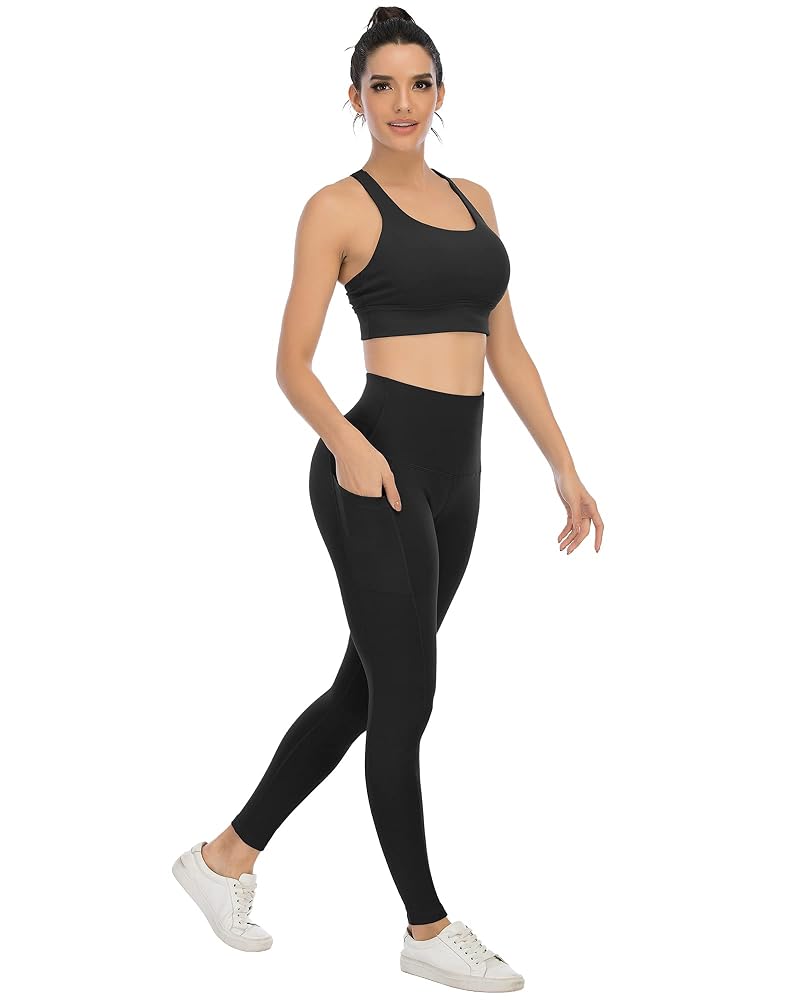 YOUNGCHARM 4 Pack Leggings with Pockets - High Waisted Tummy Control Yoga Pants (Black/Black/Black/Black+Large)