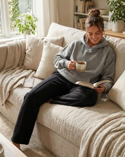 X-Large Extra Tall Wide Leg Sweatpants for Women with Front Seam & Pockets - Black 32/34 Inseam