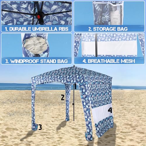 UPWELL Blue Stripe Beach Tent with UPF 50+ Sunshade Portable Canopy for Outdoor Sun Shelter