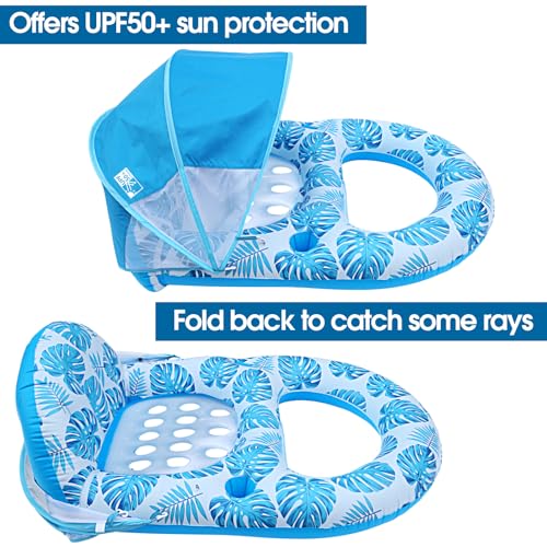 Blue Pool Lounge Float with Canopy - Extra Large Adult Inflatable Float with Cup Holder & Backrest