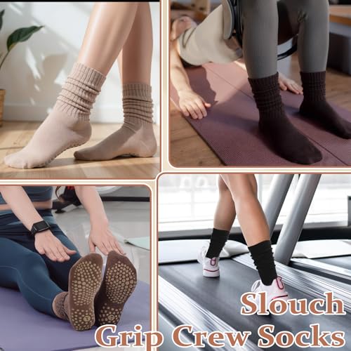 3/4/5 Pairs Slouchy Pilates Socks with Grips - Black, Dark Brown, Light Brown, Khaki