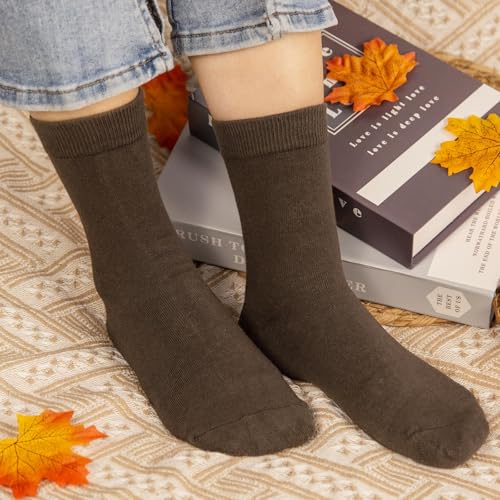Justay Crew Socks for Women - Cute Knit Cotton Dress Socks, One Size, Dark Brown & Light Khaki