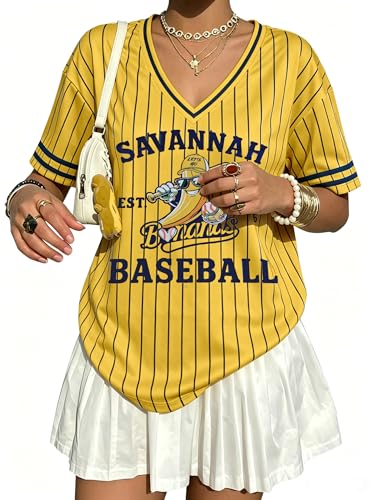Women’s Baseball Jersey Funny Banana Shirt Stripe V-Neck Short Sleeve Tee Medium Yellow 1