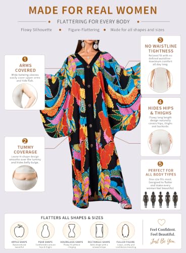 Women's V Neck Kaftan Dress Batwing Sleeve Cover Up Side Slit Swimsuit One Size Black with Colorful Leaves
