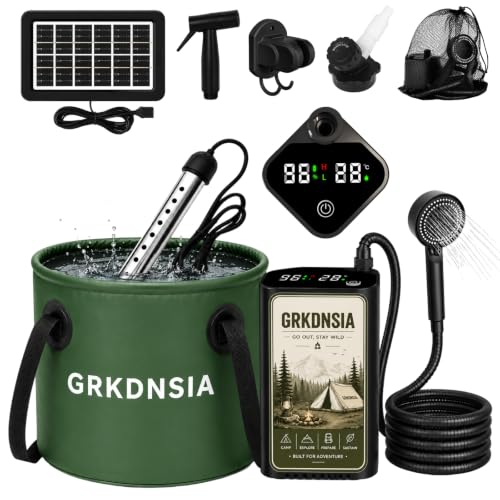 Portable Camping Shower with Heater and Solar Panel - 5 Gallon Water Bucket
