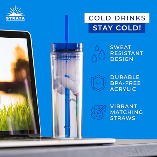 24 Pack of Reusable 16oz Skinny Acrylic Tumblers with Lids & Straws - Colorful Cold Drink Cups with Free Straw Cleaner
