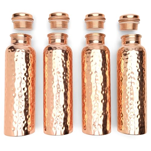 Set of 4 Hammered Copper Water Bottles 34oz - Pure, Leakproof, Reusable