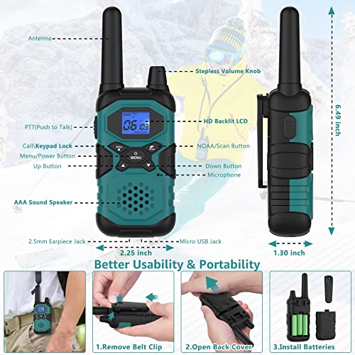 Long Range Rechargeable Walkie Talkies for Adults - 6 Pack with NOAA - Blue, Green, Orange, Red, Purple, Gold