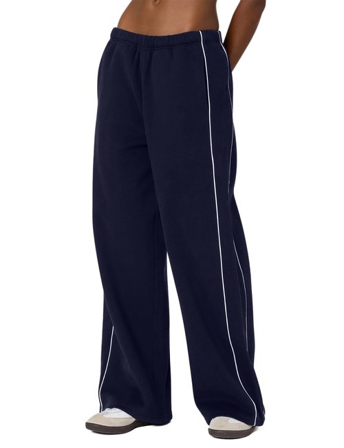 HeSaYep Women's Fleece Lined Sweatpants Wide Leg Baggy Sweat Pants High Waisted Drawstring Cute Sherpa Y2k Pants with Pockets, Navy Blue L