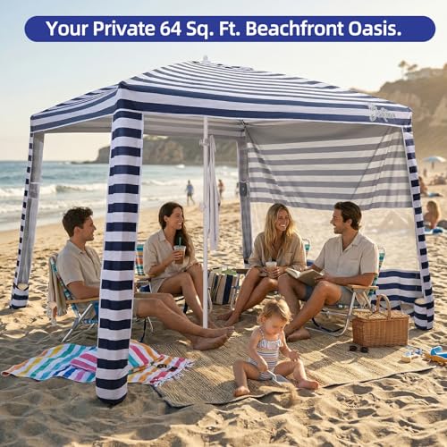 Jihfmo 8x8 Ft Large Beach Cabana Tent with UPF 50+ UV Protection, Blue Stripes, Fits 6-8 People