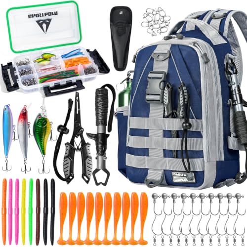 Blue Ghosthorn Fishing Backpack with 3600 Tackle Box, Waterproof, Adjustable Straps