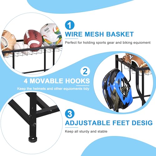 Mythinglogic 3-Bike Garage Storage Rack with Ball Basket & Hooks - Freestanding Bike Organizer
