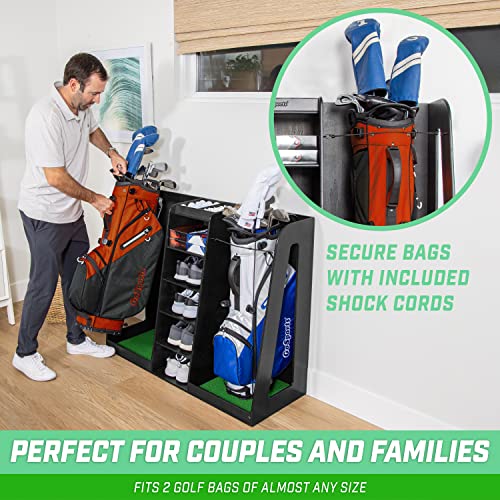 Golf Bag Organizer Wooden Storage Rack for 2 Golf Bags - Black Finish - Variation of THIS listing