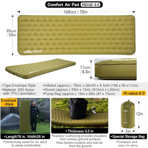 Extreme Cold Weather Camping Air Sleeping Pad with Pump Bag - R-Value 8, Lightweight & Compact