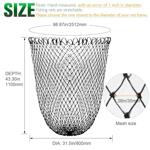 31.5 Inch Diameter Fishing Net Replacement - Black Nylon Mesh for Landing Nets