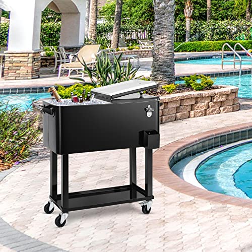 80 Qt Rolling Ice Chest Cooler Cart - Black, Portable Beverage Trolley