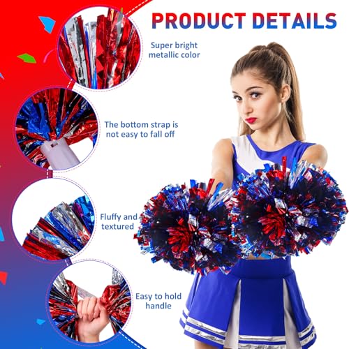 Yunsailing 50 Pcs Cheerleading Pom Poms Bulk with Handles - Red, Blue & Silver