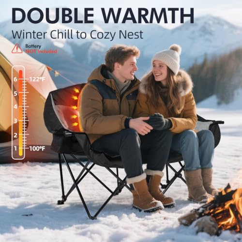 PUVASIA Heated Double Camping Chair Loveseat Black with Independent 3-Level Heating