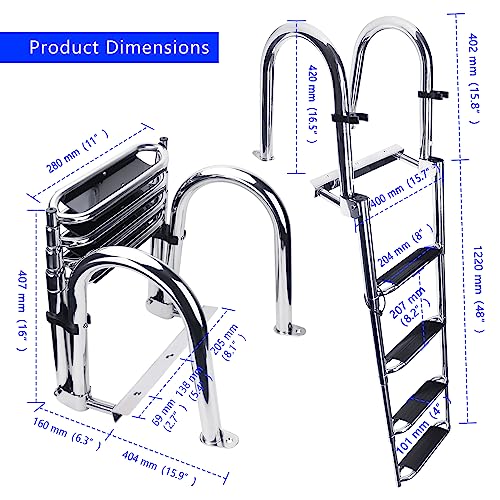 Heavy Duty Folding Boat Ladder Stainless Steel 4 Steps for Pontoon & Marine Use